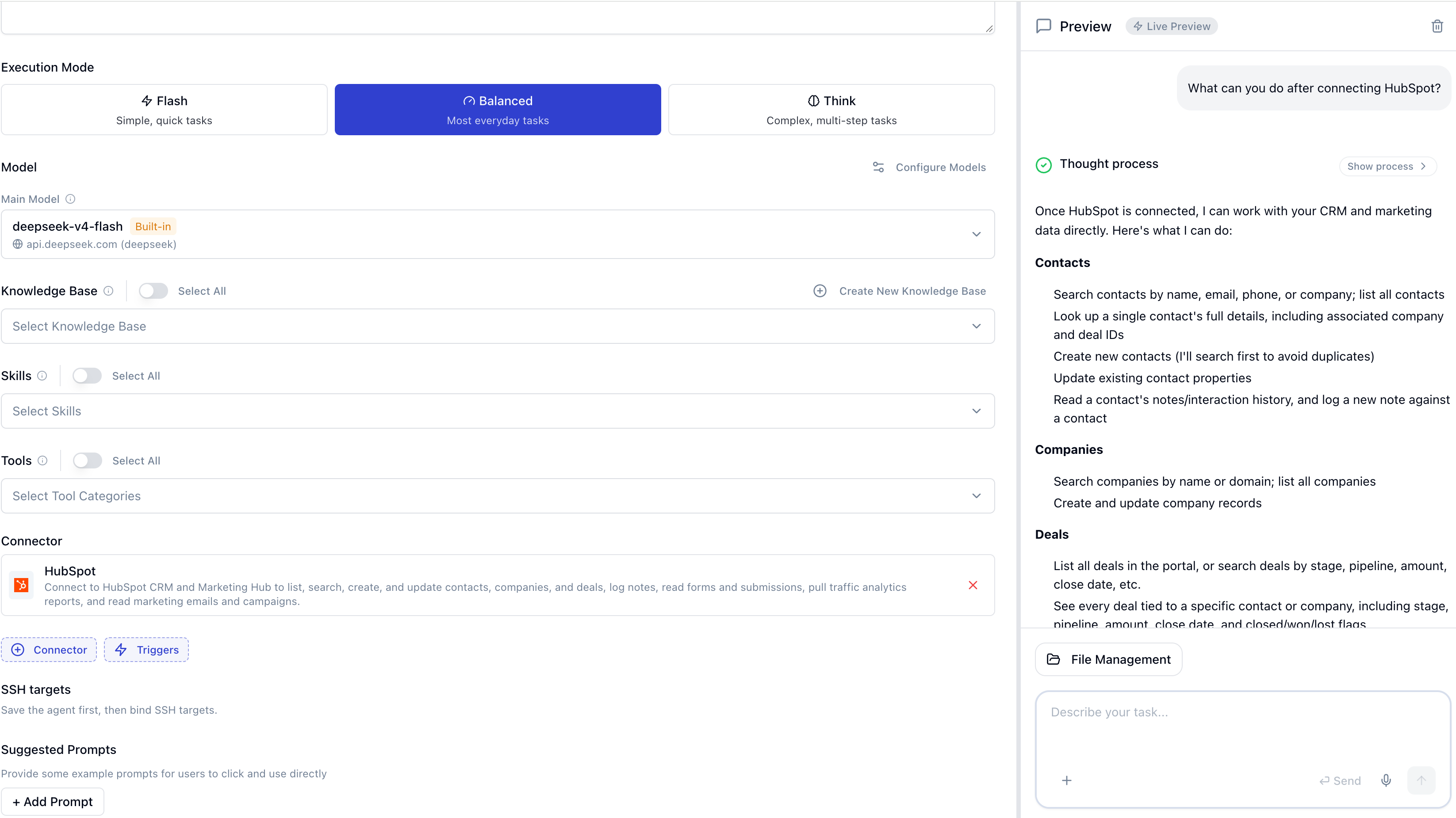 Xagent AI agent researching a company and enriching HubSpot contact and company records
